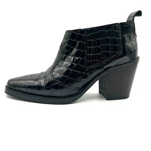 L’INTERVALLE BLACK LEATHER ANKLE BOOT WESTERN BOOT CROCODILE EMBOSSED BLOCK HEEL